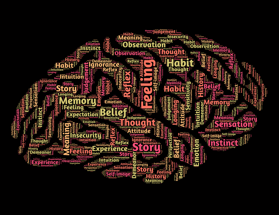 Pictogram of human brain made up of words related to mental health