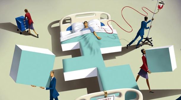 illustration of person in bed surrounded by clinicians casting shadows
