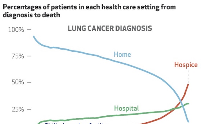 Percentages of patients in each health care setting from diagnosis to death