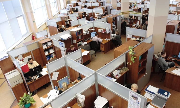 A aerial view of an office with cubicles 