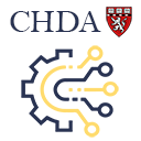 CHDA logo with Harvard shield.  Logo is a half gear and lines in blue and yellow shaped like a C