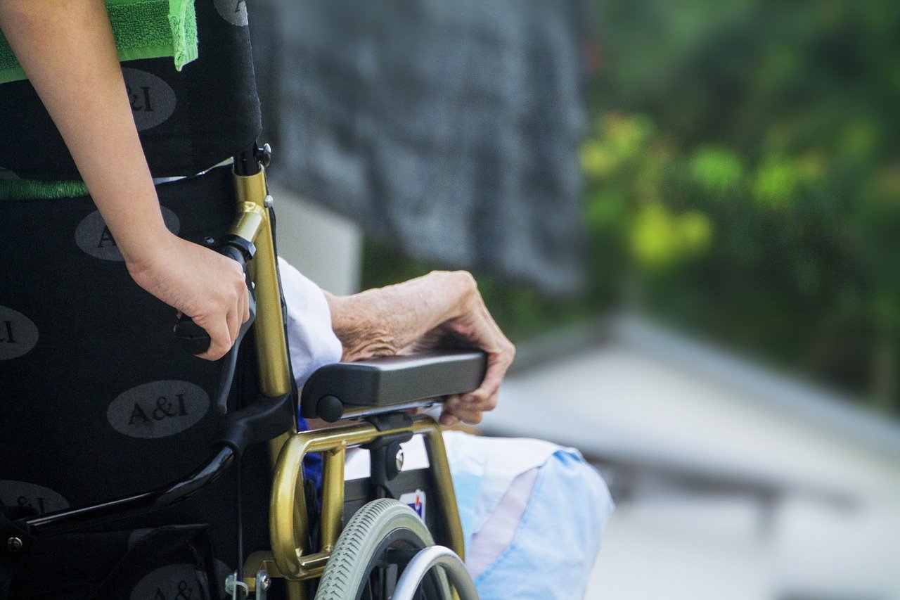 Photo of an elderly person being pushed in a wheelchair Image by truthseeker08 from Pixabay 